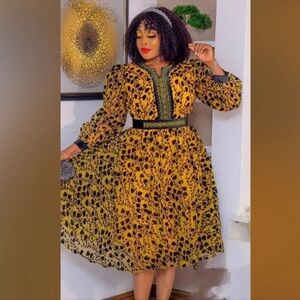 Floral Print Women Long Sleeve Elegant A-line Dress With Belt